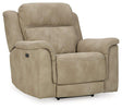 Next-Gen DuraPella Power Recliner by Ashley Furniture showing plush gray upholstery and adjustable reclining mechanism.