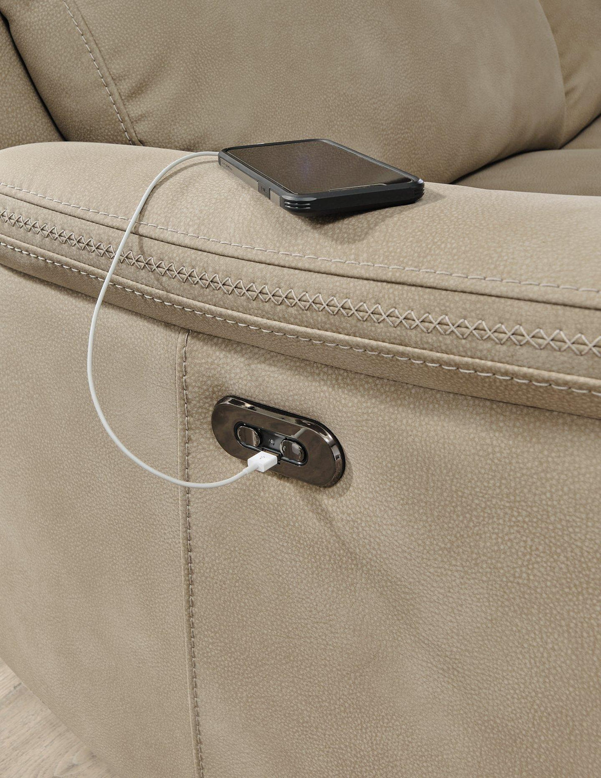Next-Gen DuraPella Power Recliner by Ashley Furniture, showing plush brown fabric with built-in controls and padded armrests.