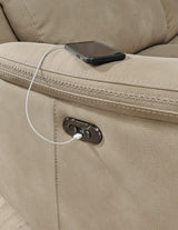 Next-Gen DuraPella Power Recliner by Ashley Furniture, showing plush brown fabric with built-in controls and padded armrests.