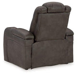 Ashley Furniture Fyne-Dyme Power Recliner with plush cushions and dark leather upholstery, designed for comfort and support.