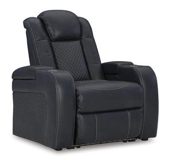 Ashley Furniture Fyne-Dyme Power Recliner showing plush fabric, padded armrests, and a reclining mechanism for comfort and support.