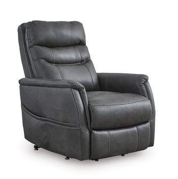 Ashley Furniture Strawbill Power Lift Recliner in neutral fabric with padded armrests and plush cushioning.