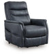 Ashley Furniture Strawbill Power Lift Recliner with plush fabric and padded armrests, showing the reclined position and built-in control panel.