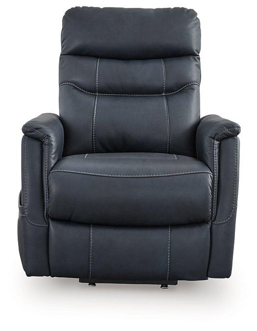 Ashley Furniture Strawbill Power Lift Recliner in brown leather with plush cushioning and built-in footrest.