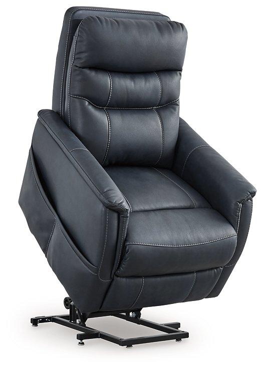 Ashley Furniture Strawbill Power Lift Recliner showing padded armrests, plush upholstery, and a built-in power lift mechanism.