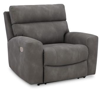Ashley Furniture Next-Gen DuraPella Power Recliner in dark gray fabric with plush cushioning and sleek armrests.