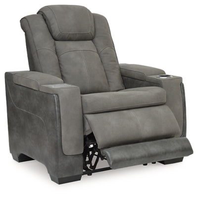 Open Ashley Furniture Next-Gen DuraPella Power Recliner with plush upholstery and adjustable headrest, viewed from an angle.