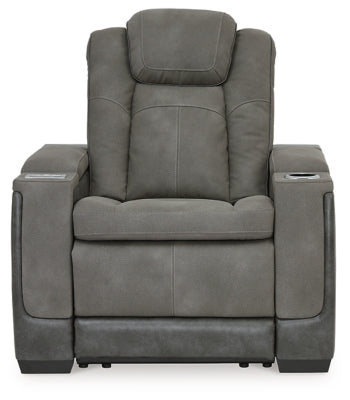 Ashley Furniture Next-Gen DuraPella Power Recliner showing plush fabric and padded armrests from a front head-on view.
