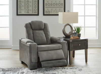 Open Next-Gen DuraPella Power Recliner by Ashley Furniture showing plush cushioned seat, armrests, and reclining mechanism.