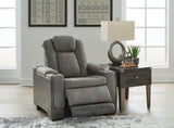 Open Next-Gen DuraPella Power Recliner by Ashley Furniture showing plush cushioned seat, armrests, and reclining mechanism.