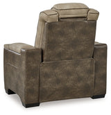 Next-Gen DuraPella Power Recliner by Ashley Furniture showing a plush brown recliner with padded armrests and built-in reclining features.