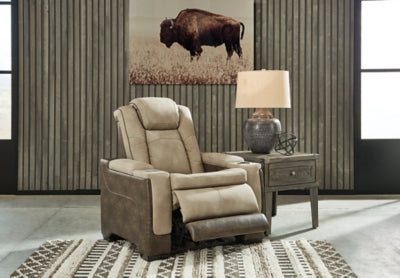 Open Ashley Furniture Next-Gen DuraPella power recliner showing plush fabric upholstery and adjustable reclining mechanism.