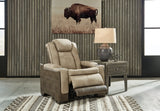 Open Ashley Furniture Next-Gen DuraPella power recliner showing plush fabric upholstery and adjustable reclining mechanism.