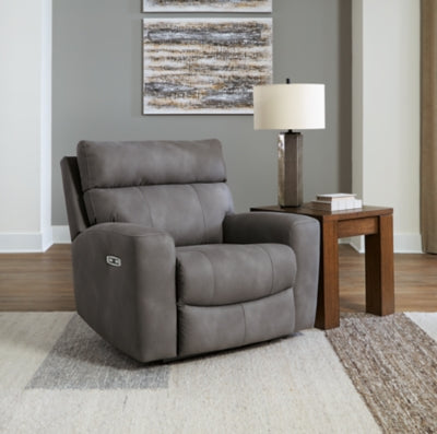 Next-Gen DuraPella power recliner by Ashley Furniture, showing a plush, closed recliner with a modern design and soft fabric upholstery.