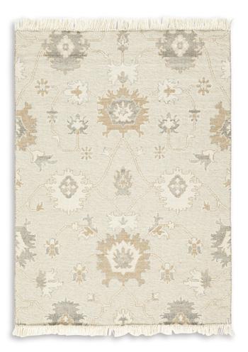 Ashley Furniture Calkin Rug showing a textured, patterned area rug with neutral colors, perfect for living room or bedroom decor.
