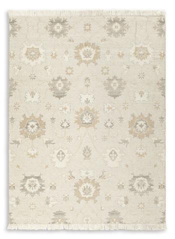 Ashley Furniture Calkin Rug featuring a textured, neutral-toned woven design suitable for living rooms or bedrooms.