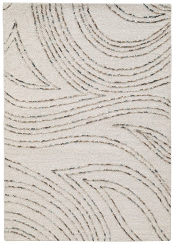 Ashley Furniture Deenbury area rug with a geometric pattern in neutral tones, showcasing a soft, plush textile design.