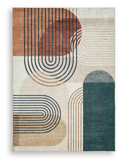 Ashley Furniture Farrendale washable area rug with a geometric pattern in neutral tones, suitable for living rooms or bedrooms.