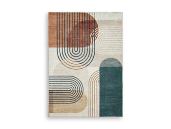 Ashley Furniture Farrendale washable area rug with intricate patterns in neutral tones, ideal for living rooms and bedrooms.