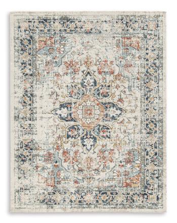 Ashley Furniture Jarrpage Rug with intricate floral patterns and neutral tones, ideal for enhancing living room decor.