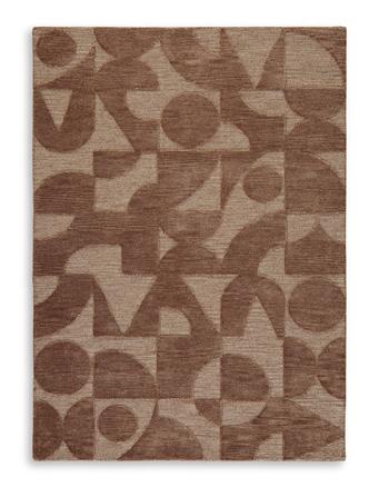 Ashley Furniture Perrenton Rug with intricate patterns and neutral tones, shown in a cozy living room setting.