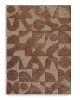 Ashley Furniture Perrenton Rug with intricate patterns and neutral tones, shown in a cozy living room setting.