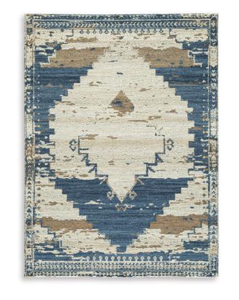 Ashley Furniture Varnler Rug with intricate patterns and warm tones, showcasing a soft, woven surface suitable for living spaces.