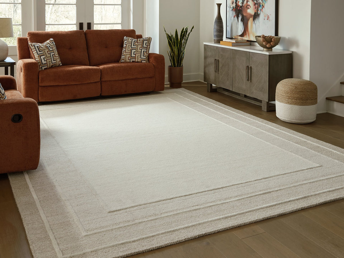 Ashley Furniture Teelgan Rug in a 4x3 cropped view, showcasing its textured design and neutral color palette.