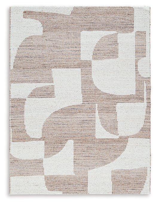 Ashley Furniture Brynnfield 8x10 rug with intricate patterns in neutral tones, showcased on a modern living room floor.