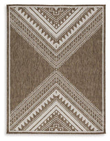 Ashley Furniture Dunsler 5' x 7' rug with intricate patterns in neutral tones, suitable for living rooms or bedrooms.