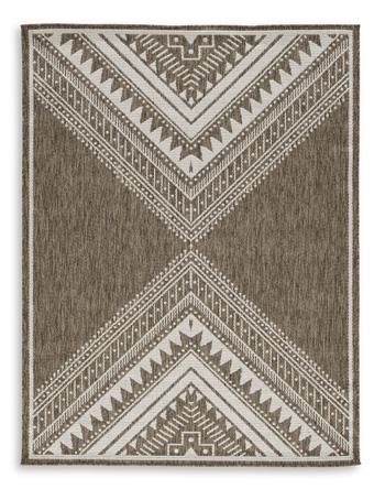 Ashley Furniture Dunsler 5x7 rug with intricate patterns in neutral tones, perfect for living rooms or bedrooms.