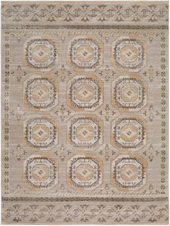 Medium Ashley Furniture Bachby Area Rug with intricate geometric patterns in neutral tones laying on a hardwood floor.