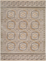 Medium Ashley Furniture Bachby Area Rug with intricate geometric patterns in neutral tones laying on a hardwood floor.