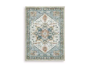 Medium Ashley Furniture Wallney area rug with intricate patterns, showcasing soft, neutral-toned fibers suitable for living room décor.
