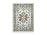 Medium Ashley Furniture Wallney area rug with intricate patterns, showcasing soft, neutral-toned fibers suitable for living room décor.
