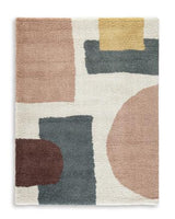 Medium Flynnwick 5x7 rug by Ashley Furniture featuring a textured, patterned design in neutral tones on a wooden floor.