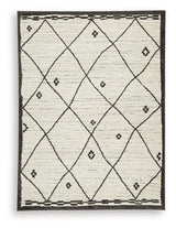 Ashley Furniture Fenriston Rug with intricate pattern in neutral tones, showcasing soft, textured fabric for a stylish home decor accent.