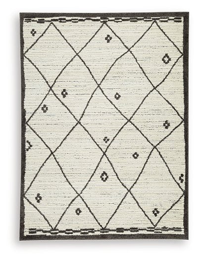 Ashley Furniture Fenriston Rug with intricate pattern in neutral tones, showcasing soft, textured fabric for a stylish home decor accent.