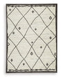 Ashley Furniture Fenriston Rug with intricate pattern in neutral tones, showcasing soft, textured fabric for a stylish home decor accent.