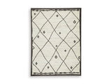 Ashley Furniture Fenriston Rug with intricate patterns in neutral tones, showcasing a plush, textured surface suitable for living rooms.