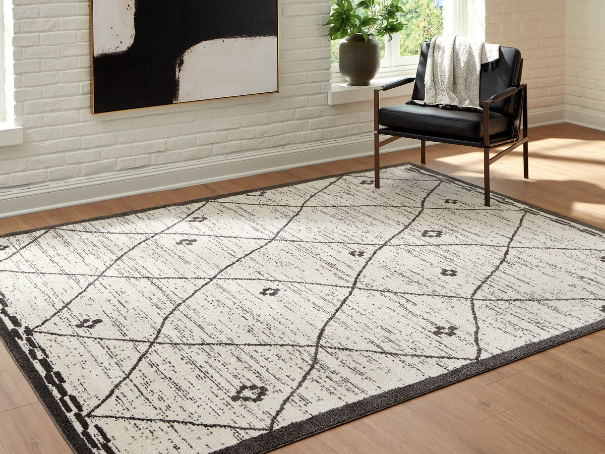 Ashley Furniture Fenriston Rug, 4x3 feet, woven area rug with geometric pattern in neutral tones, perfect for living room decor.
