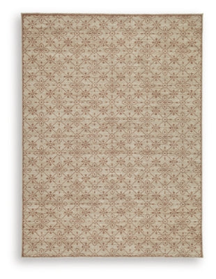 Ashley Furniture Lyamford Rug with intricate pattern in neutral tones, showcasing plush texture and decorative design.