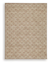 Ashley Furniture Lyamford Rug with intricate pattern in neutral tones, showcasing plush texture and decorative design.