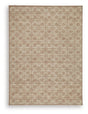 Ashley Furniture Lyamford Rug with intricate pattern in neutral tones, showcasing plush texture and decorative design.