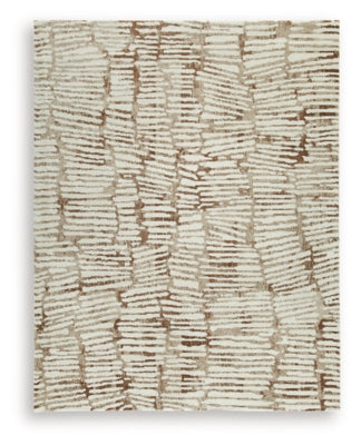 Ashley Furniture Uduak Rug with intricate woven pattern in neutral tones, ideal for living room or bedroom decor.