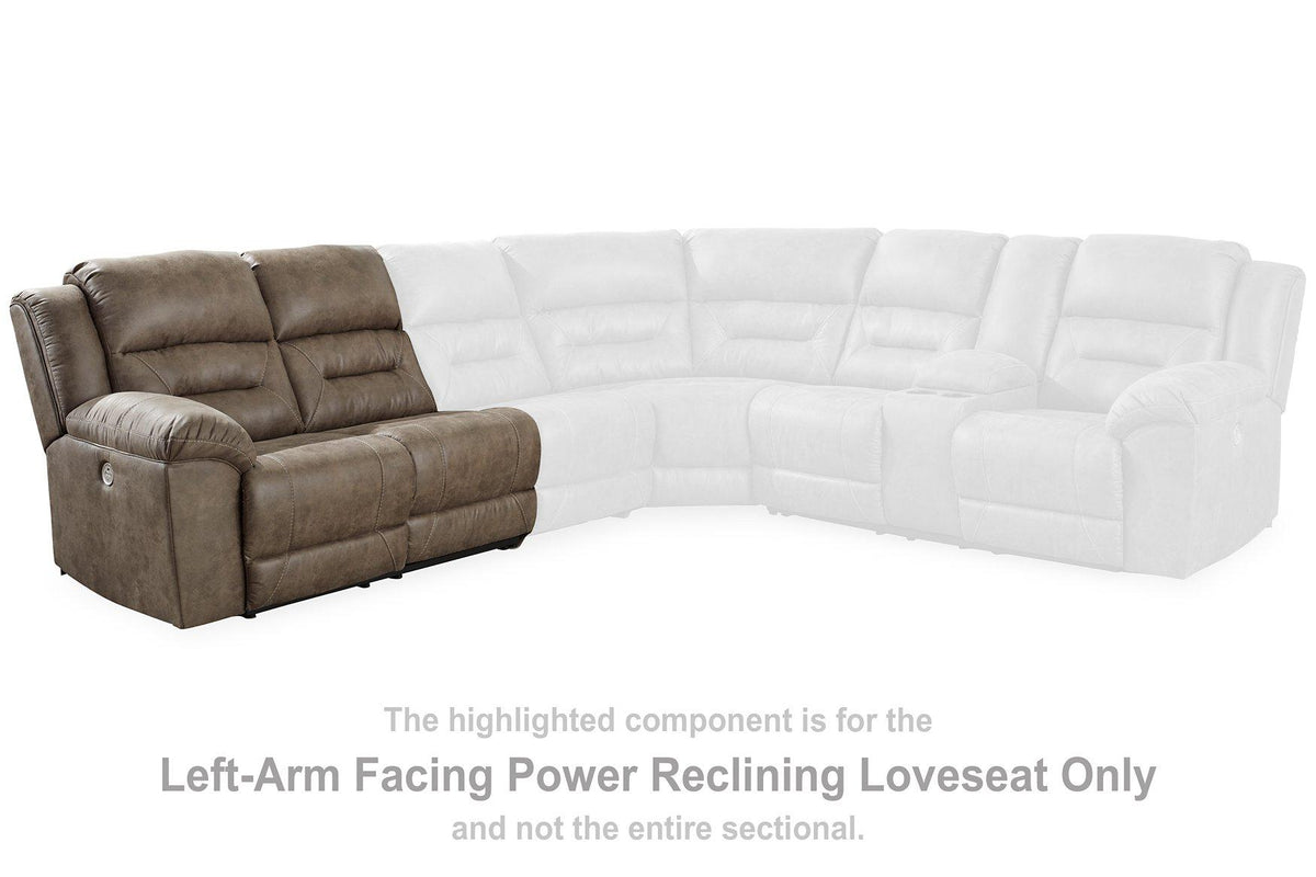 Ashley Furniture Ravenel power reclining sectional with plush cushions and dark fabric, shown in a modern living room setting.