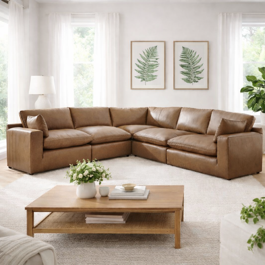Ashley Furniture Atlas Reserve 5-piece caramel corner sectional with plush cushions and modern design, perfect for living rooms.