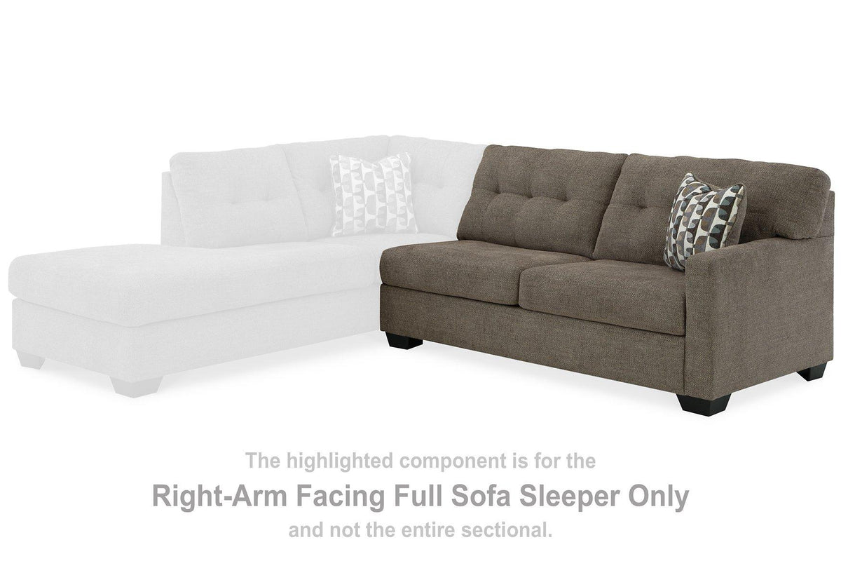 Ashley Furniture Mahoney 2-Piece Sleeper Sectional with chaise, showing plush fabric and modern design in a living room setting.