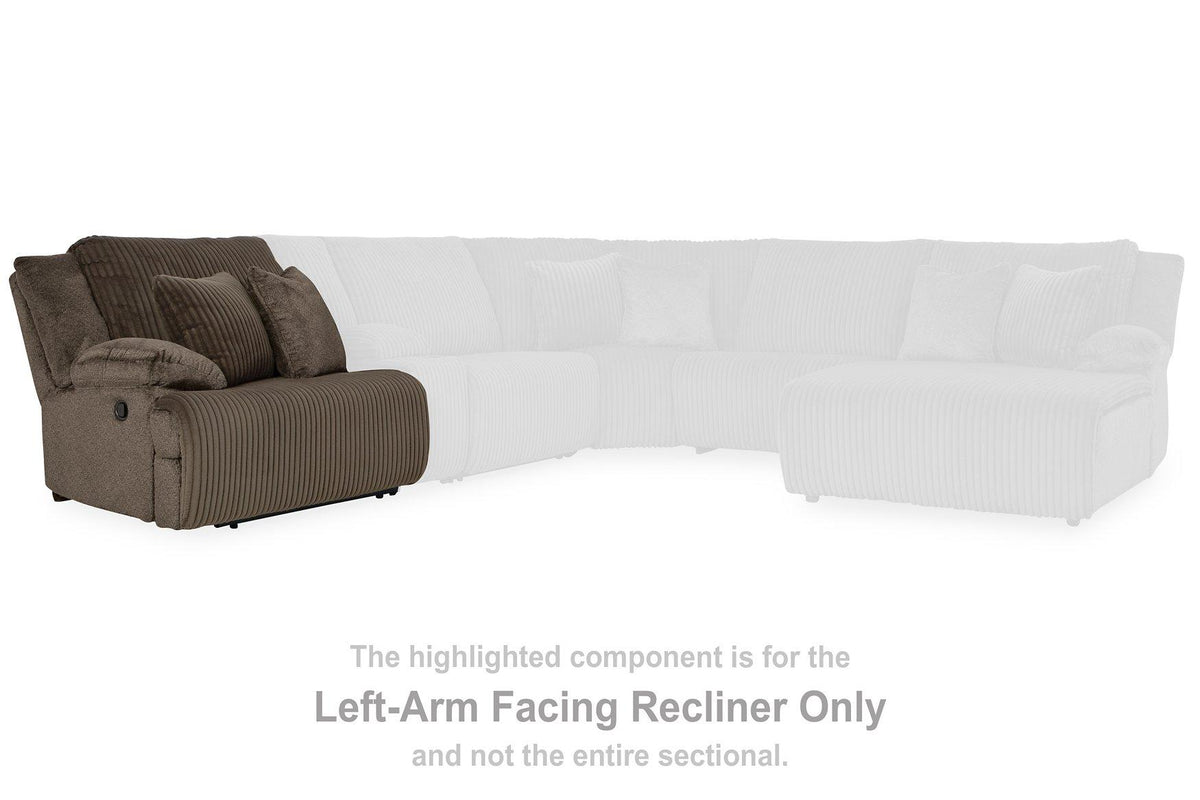 Ashley Furniture top-tier reclining sectional sofa with chaise, showing plush fabric, reclining seats, and spacious chaise lounge.