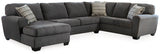 Ashley Furniture Ambee 3-piece sectional with chaise, featuring plush cushions and modern design in a cozy living room setting.